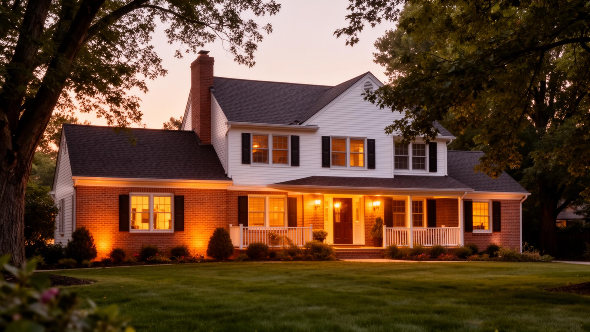 Inviting suburban colonial home at warm evening light